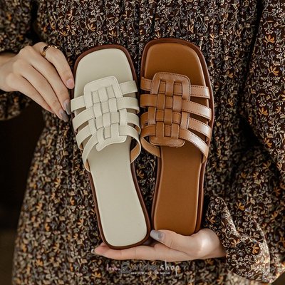 EmmaShop艾購物-韓國同步上新-夏季必備復古編織面平底涼拖/拖鞋