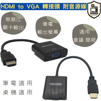 全新 現貨免等 HDMI to VGA 轉接頭 帶聲音輸出 附音源線 支援顯卡無類比輸出、筆電輸出 皆可
