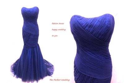 【時尚屋婚紗禮服】藍色露肩蕾絲法式設計師窄擺造型款《二手禮服》～Ｂ６８０(歡迎預約試穿)