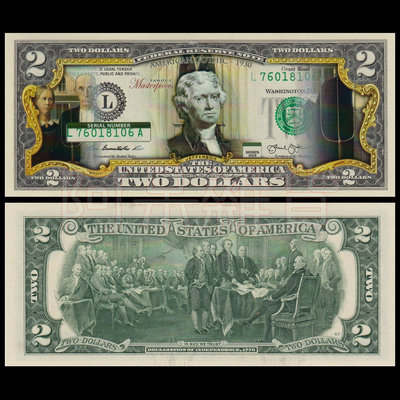 麥擱問阿 彩色版真鈔 名畫 美國哥德式  2美元 流行藝術油畫 美金美元 混合塑料 鈔票 美國 非現行流通