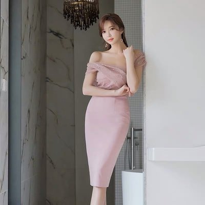 [ ohya梨花 ] =韓國帶回=最新春夏新款性感婚禮宴會穿搭粉紅色包臀禮服連身裙長洋裝