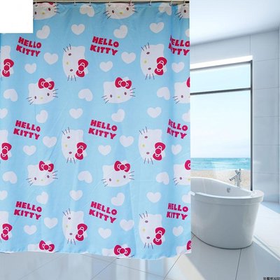 新品kitty貓窗簾hellokitty凱蒂浴簾衛生間套裝免打孔伸縮桿藍色熱銷