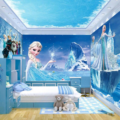8D冰雪奇緣兒童房壁紙艾莎公主壁畫城堡女孩臥室藍色背景牆布壁紙
