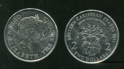 E. CARIBBEAN STATE 東加勒比英女皇2011紀念幣，2-DOLLAR,品相95新AU+