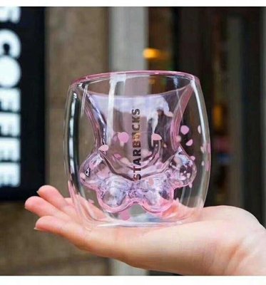 下殺 貓爪杯正版粉色兩層櫻花標貓爪玻璃杯子