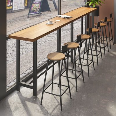 現代吧臺桌椅組合鐵藝商用簡約靠墻實木長條高腳窄桌子酒吧奶茶店