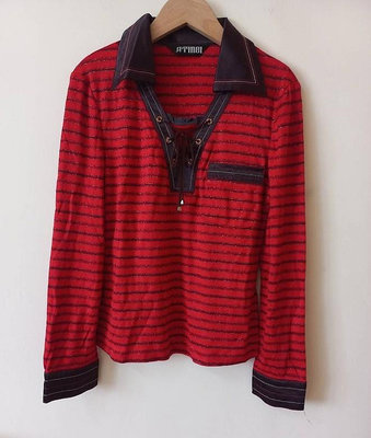 長袖紅色條紋皮革拼接綁帶設計百搭上衣休閒T恤