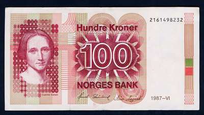 【鑒 寶】（外幣收藏） 挪威 1987年版 100克朗（作家 卡米拉.柯萊特） 8成以上品相！ MYZ090