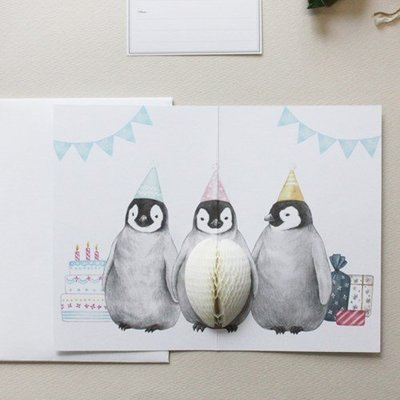 ♀高麗妹♀韓國 O-CHECK POP UP happy birthday 企鵝三兄弟 立體蜂窩彈出式生日卡片(現貨)