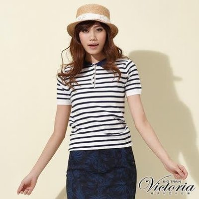 2【Victoria】全新可愛POLO條紋短袖線衫(藍白條)~M