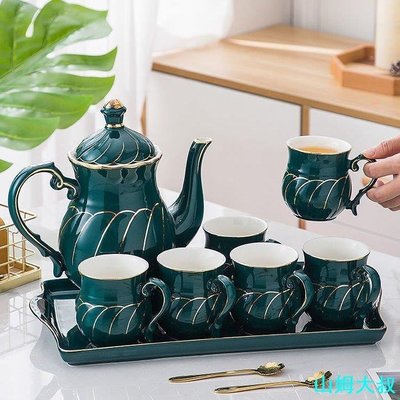 現貨熱銷-咖啡壺歐式陶瓷水具套裝茶杯咖啡杯花茶壺耐熱水壺大容量冷水壺家用送禮