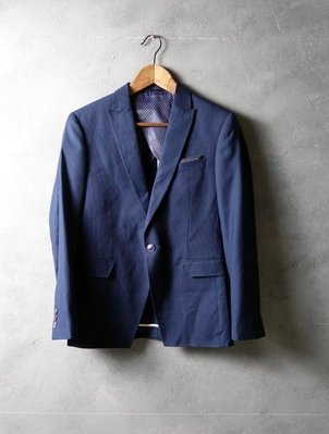 義大利品牌 SST&C 深藍條紋 羊毛混紡 合身版 休閒西裝外套 44A