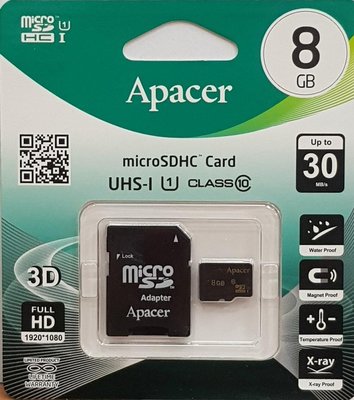 彰化手機館 記憶卡 Apacer 宇瞻 MicroSD SDHC 8G 8GB UHS-1 c10 附轉接卡