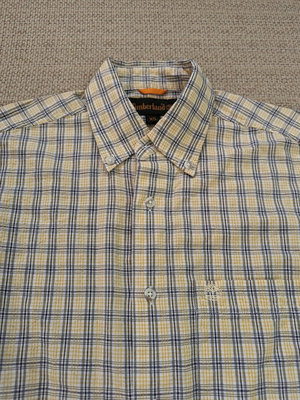 Timberland 淡黃色短袖格紋襯衫 棉質休閒襯衫 L號 XL號