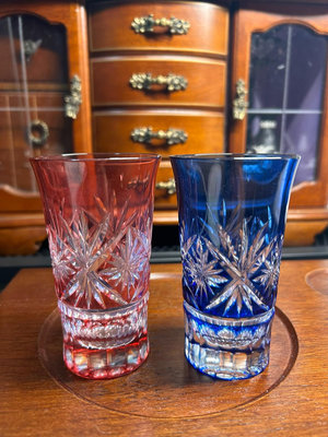 Kagami江戶切子水晶杯冷酒杯果汁杯水晶切子杯-紅藍對杯，