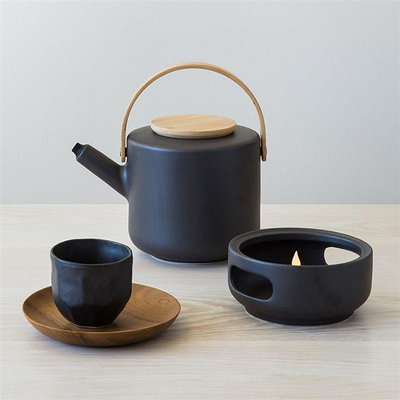 茶藝師 丹麥進口Stelton Theo黑色磨砂炻瓷泡茶壺北歐簡約竹蓋提梁壺茶杯