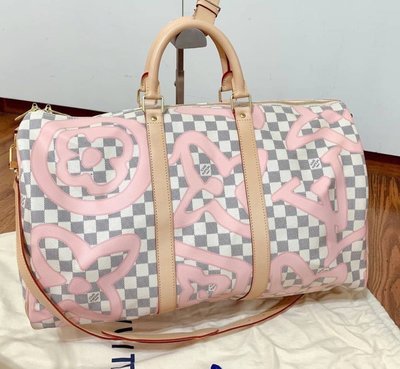 小巴黎二手名牌 Lv 旅行袋 棋盤格 粉色Logo塗鴉 白色 非常可愛