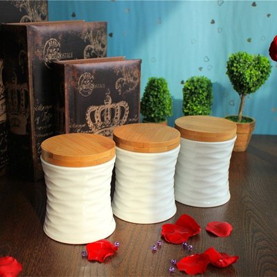 包郵 zakka歐式高檔白瓷陶瓷竹木廚房調味罐雜糧儲物瓶罐三件套裝