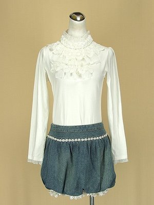 貞新 knit&amp;co 韓國白色玫瑰圓領長袖蕾絲棉質上衣F號+MINOLDA 貓頭鷹 藍色牛仔短裙M(9號)(36555)
