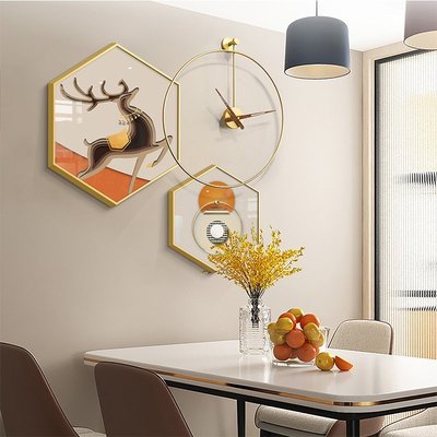 特賣-餐廳裝飾畫現代輕奢簡約掛畫飯廳餐桌背景墻帶時鐘表高檔壁畫橙色