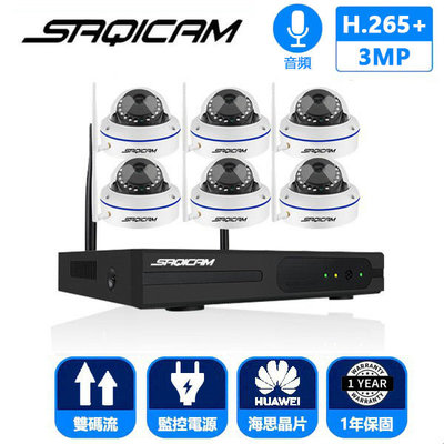 Saqicam 8路5MP網路主機NVR 6支大廠海思3MP 無線監視器 半球室內WiFi監控攝影機 紅外線 遠端操控
