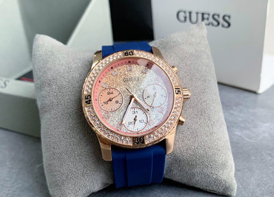 GUESS 漸層玫瑰金色錶盤 藍色矽膠錶帶 石英女士手錶 W1097L6
