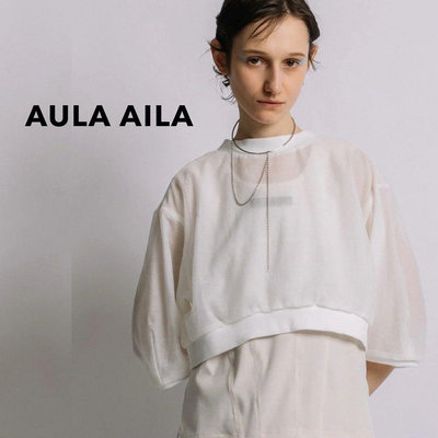 SHINY SPO 獨家代理日本設計師品牌AULA AILA 造型寬肩帶皮革小布標羅紋長版背心2way異材質拼接透膚網紗雙面可穿拉鍊式外套式上衣
