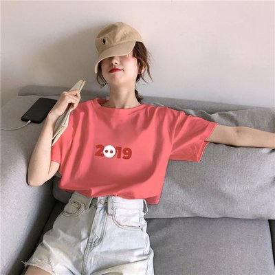 FINDSENSE G6 韓國時尚潮流 2019夏季寬鬆百搭套頭圓領印花短袖T恤圓領T恤女裝上衣