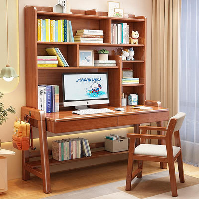 實木書桌書架一體家用可升降學生寫字桌簡易兒童學習桌臥室電腦桌
