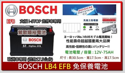 ☆新北鶯歌電池☆實體店面 BOSCH LB4 EFB75 支援I-STOP 鍛造極板長壽命免保養汽車電池