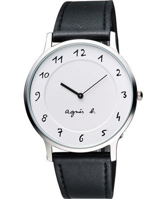 agnes b. 法國時尚經典中性腕錶-白面/黑皮帶 VJ20-K240LB(BJ5004X1)