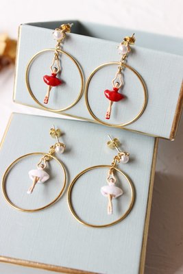 【MOMO全球購】法國Les Nereides 迷你mini芭蕾舞紅色白色女孩金圈耳環耳釘耳夾