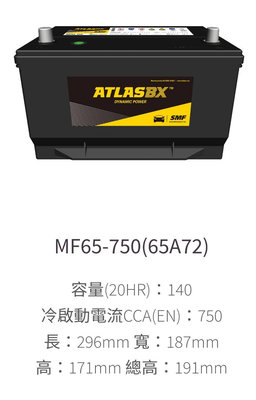 新店【阿勇的店】福特探險家/ATLAS BX汽車電瓶/MF65-750(65A-72)汽車電池/20HR:140.CCN(EN):750