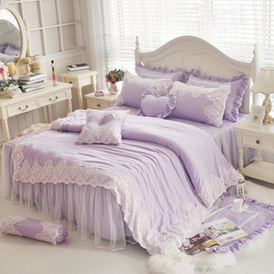 天絲床罩 標準雙人床罩 公主風床罩 可妮 紫色 蕾絲床罩 結婚床罩 床裙組 荷葉邊 100%天絲 tencel 佛你
