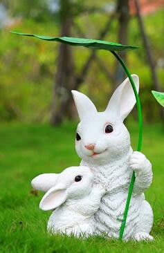 5612A 日式 可愛兔子拿葉子擺件 小兔子造型植栽園藝裝飾花盆戶外擺件小兔兔樹脂擺飾拍照道具