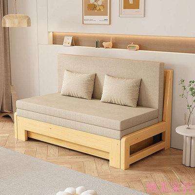 泡芙家居鐵藝實木沙發床可摺疊家用小戶型簡約雙人多功能推拉兩用摺疊床