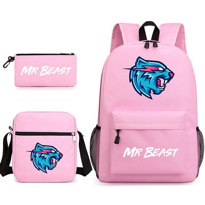 Mr Beast Lightning Cat書包三件套印花雙肩包學生電腦休閑帆布包