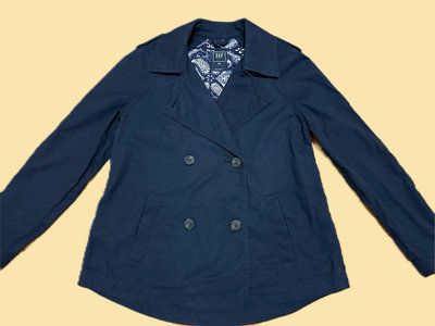 GAP 品牌 女裝 純棉 短版 雙排扣 翻領 風衣外套 長袖外套 深藍色