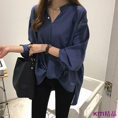 KITI精品M-4XL 大尺碼上衣 素色 交叉 女生長袖襯衫 加大尺碼 女生衣著 女生襯衫 衣著 韓版 百搭 正韓上衣