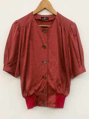 NANA 日本古著 100%純棉 經典條紋 腰圍彈性伸縮 小公主袖 短版花襯衫 日式赤紅色
