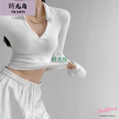 PinkBerry │辣妹上衣 4色 歐美上衣 翻領上衣 短袖上衣 長袖上衣 短款上衣 顯瘦上衣 v領上衣 氣質上衣【時光角】