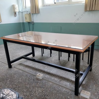 (W180*D90*H74cm)木紋黑腳工作桌、無抽屜工作桌、員工餐廳桌，電子廠產線專用工作桌...可訂製各種尺寸及樣式