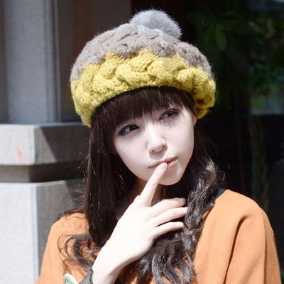 【FAT CAT HOUSE胖貓屋】韓國新款兔毛球針織帽 毛帽 冰淇淋色系 毛球 兔毛帽 貝蕾帽 畫家帽