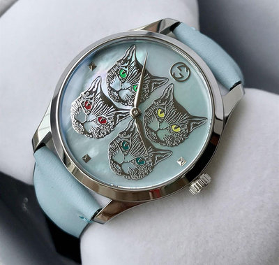 GUCCI G-Timeless 貓咪圖樣 珍珠貝母錶盤 藍色皮革錶帶 石英 女士手錶 YA1264124