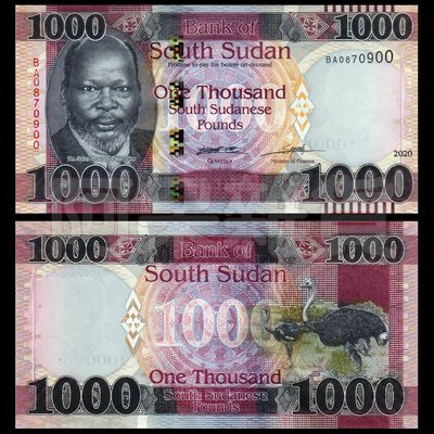 現貨實拍 南蘇丹 1000鎊 2020年 鴕鳥 非洲草原  無折 真鈔 紙鈔鈔票  五色錢 紫色 具收藏價值商品