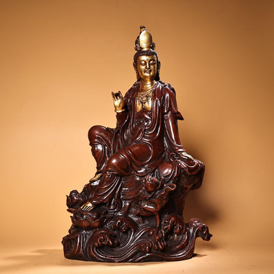 珍品舊藏收純銅紫銅高浮雕鏨刻雕花鎏金自在觀音菩薩佛像一尊工藝精湛   造像精美重9.3595