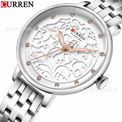 男士手錶 CURREN卡瑞恩9046女士鋼帶手錶簡約時尚休閑女士防水石英腕錶女錶