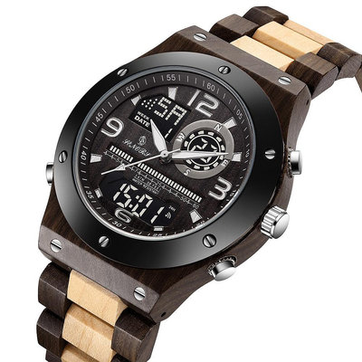 男士手錶 賽娜斯新款木錶SN153 LCD雙顯石英手錶 檀木竹木低調男士腕錶批發