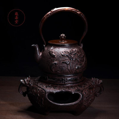 龜壽堂 日本南部鬼面風爐茶釜鑄鐵壺爐生鐵碳爐煮水燒水茶壺茶具