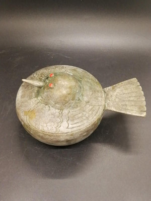 日本明治時期茶器銅盒 抹茶罐 上蓋是鳥的形狀 眼鏡是紅寶石